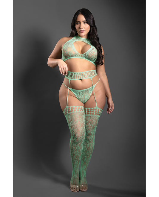 Sheer Heart Of Glass Lace Knit Halter Top w/G-String & Gartered Stockings 3 pc Set - Mint QN