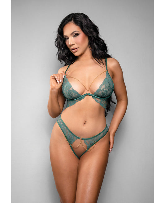 Temptress Aerin Lace Bra w/Removable Chain & Panty 2 pc Set - Green L/XL