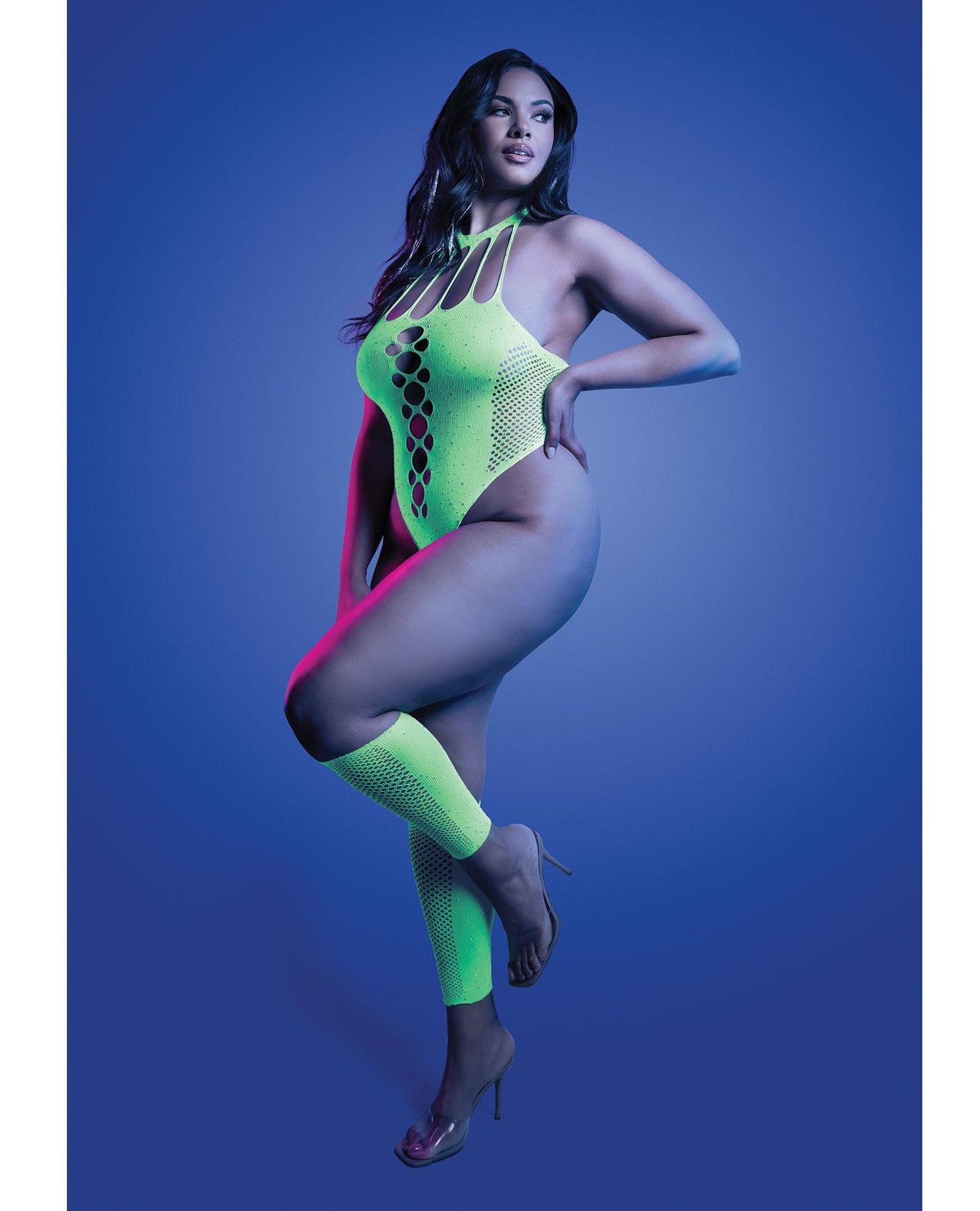 Pressure Point UV Reactive Rhinestone Studded Teddy & Gloves/Leg Warmers 2 pc Set - Neon Green QN