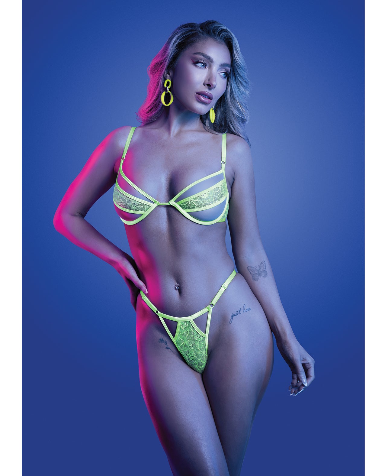 Mind Control UV Reactive Lace and Mesh Underwire Bra & Thong - Neon Green L/XL