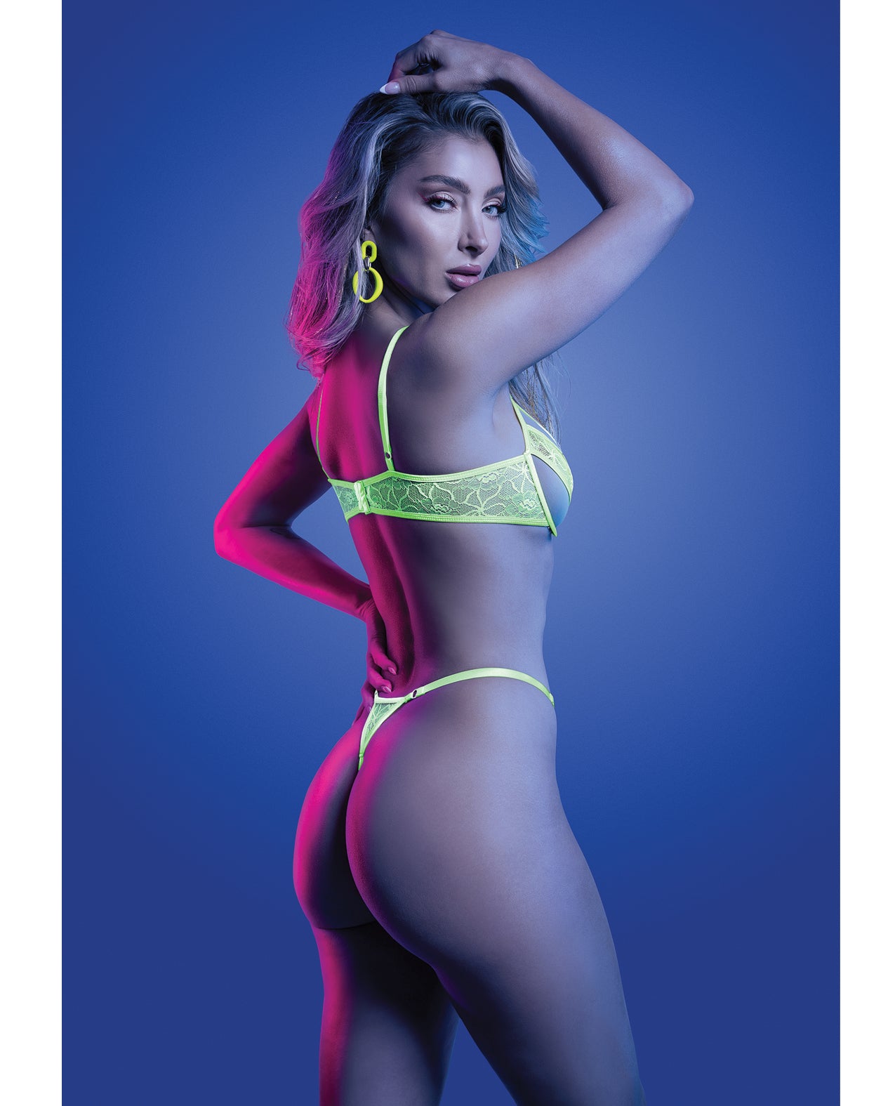 Mind Control UV Reactive Lace and Mesh Underwire Bra & Thong - Neon Green L/XL