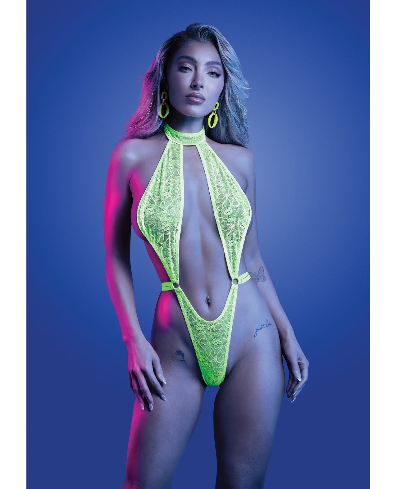 Mind Control UV Reactive Lace Halter Teddy - Neon Green L/XL