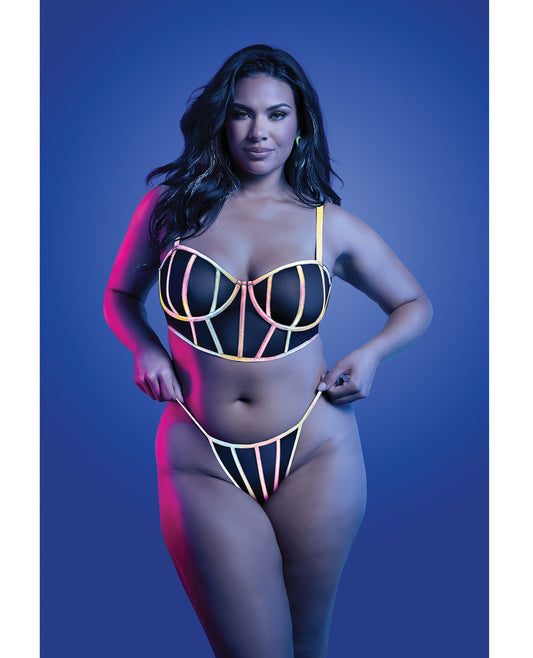 Solar Flare Flash Reflective Binding Underwire Bra & Thong - Black QN