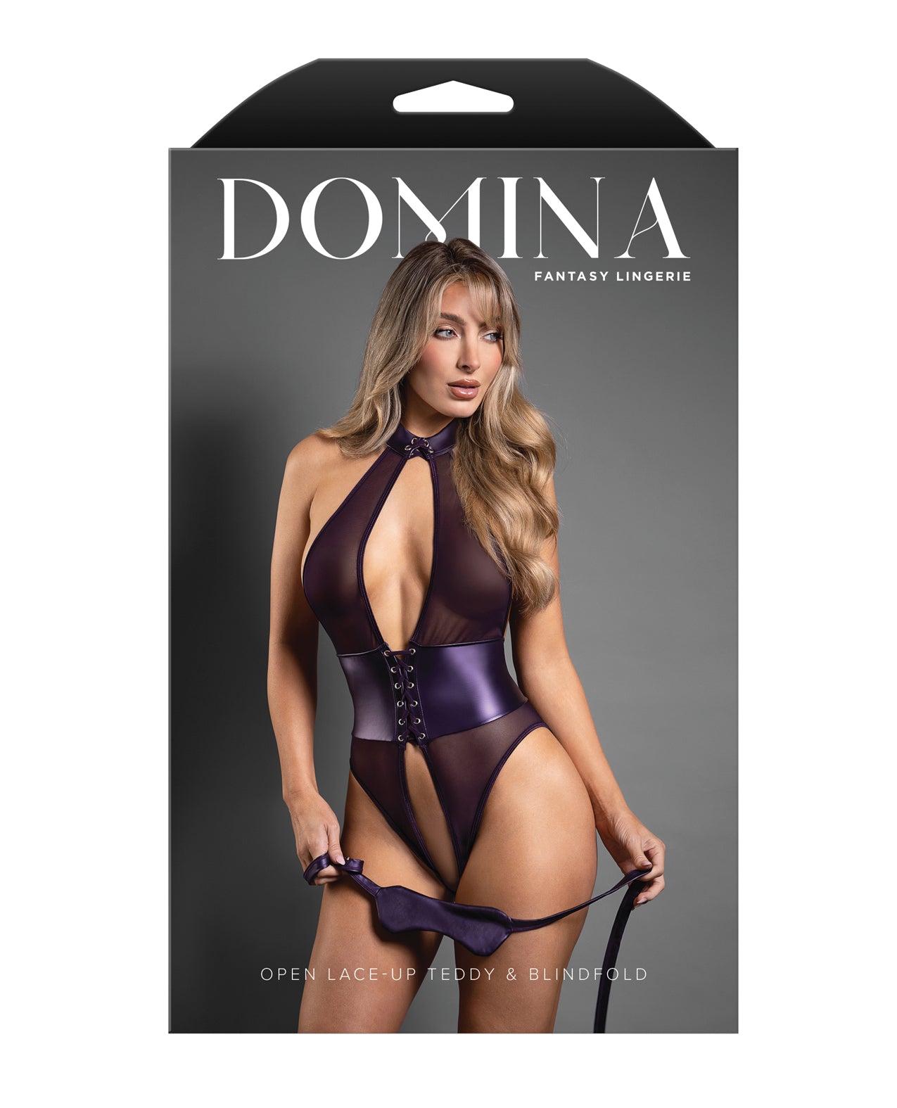 Domina Open Halter Teddy in Mesh & Leatherette w/Matching Blindfold - Purple S/M