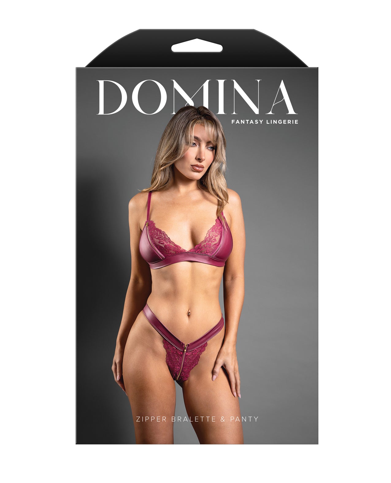 Domina Lace Bralette & Panty in Leatherette w/Zipper Detail - Berry L/XL