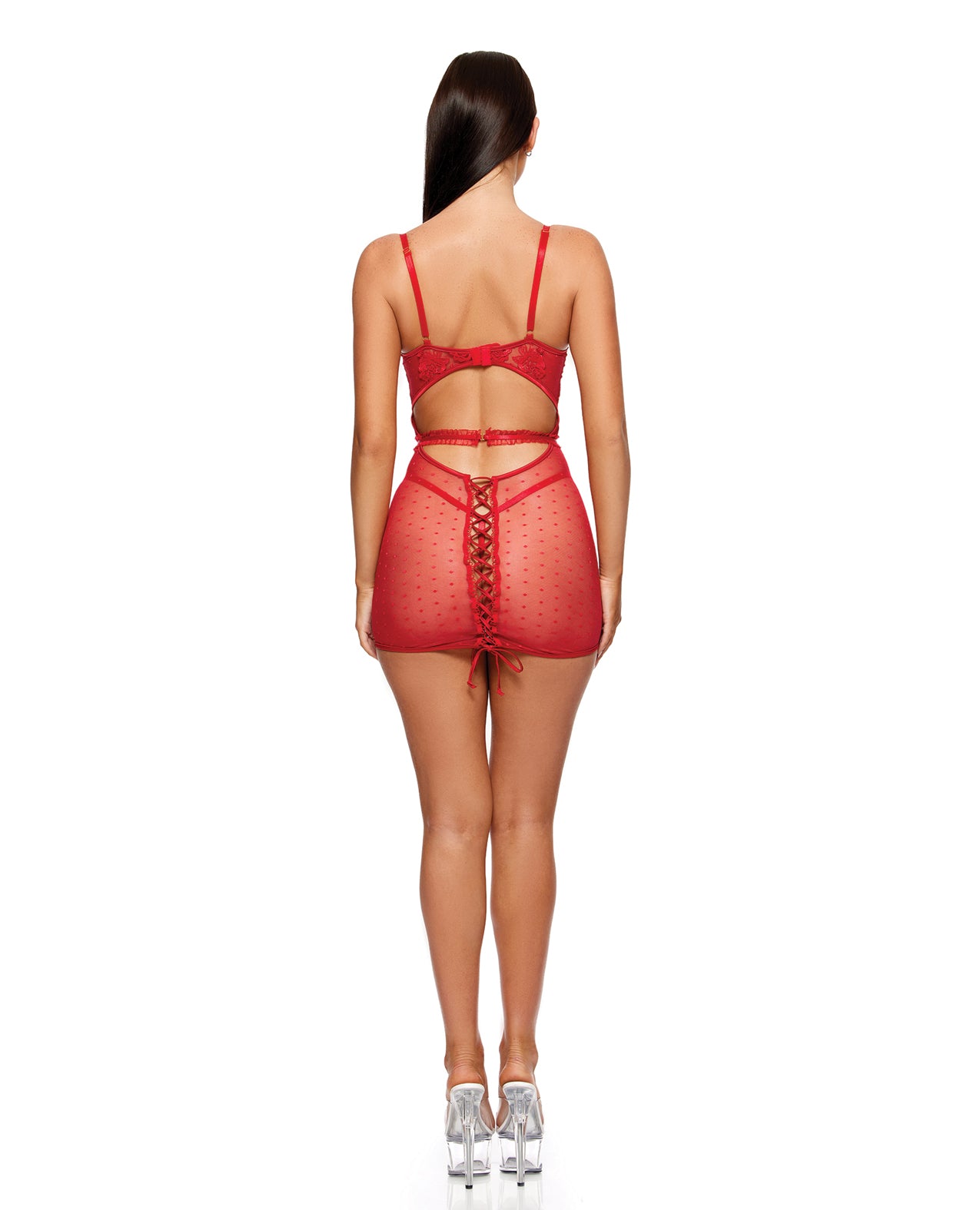 La Vie En Rose Metallic Embroidered Chemise, Panty & Belt 3 pc Set - Red LG