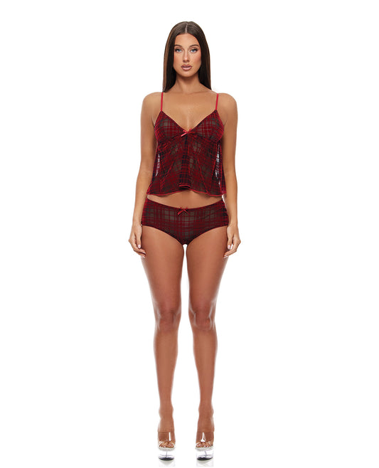 Velvet Lines Mesh Cami & Boy Short 2 pc Set - Red/Black LG