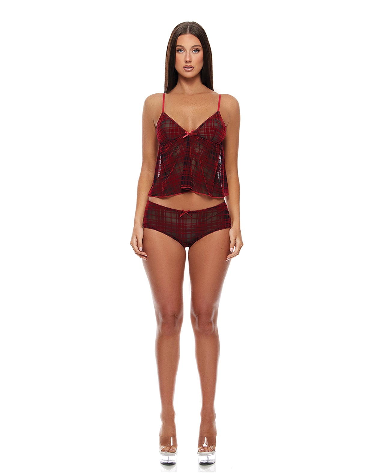 Velvet Lines Mesh Cami & Boy Short 2 pc Set - Red/Black MD