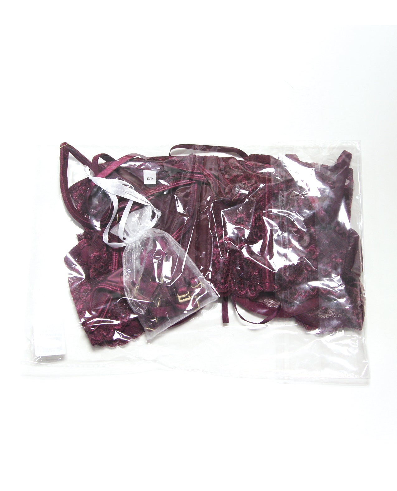 Stretch Scallop Lace Underwire Bra w/Garter & Satin G-String 3 pc Set - Mauve Plum SM