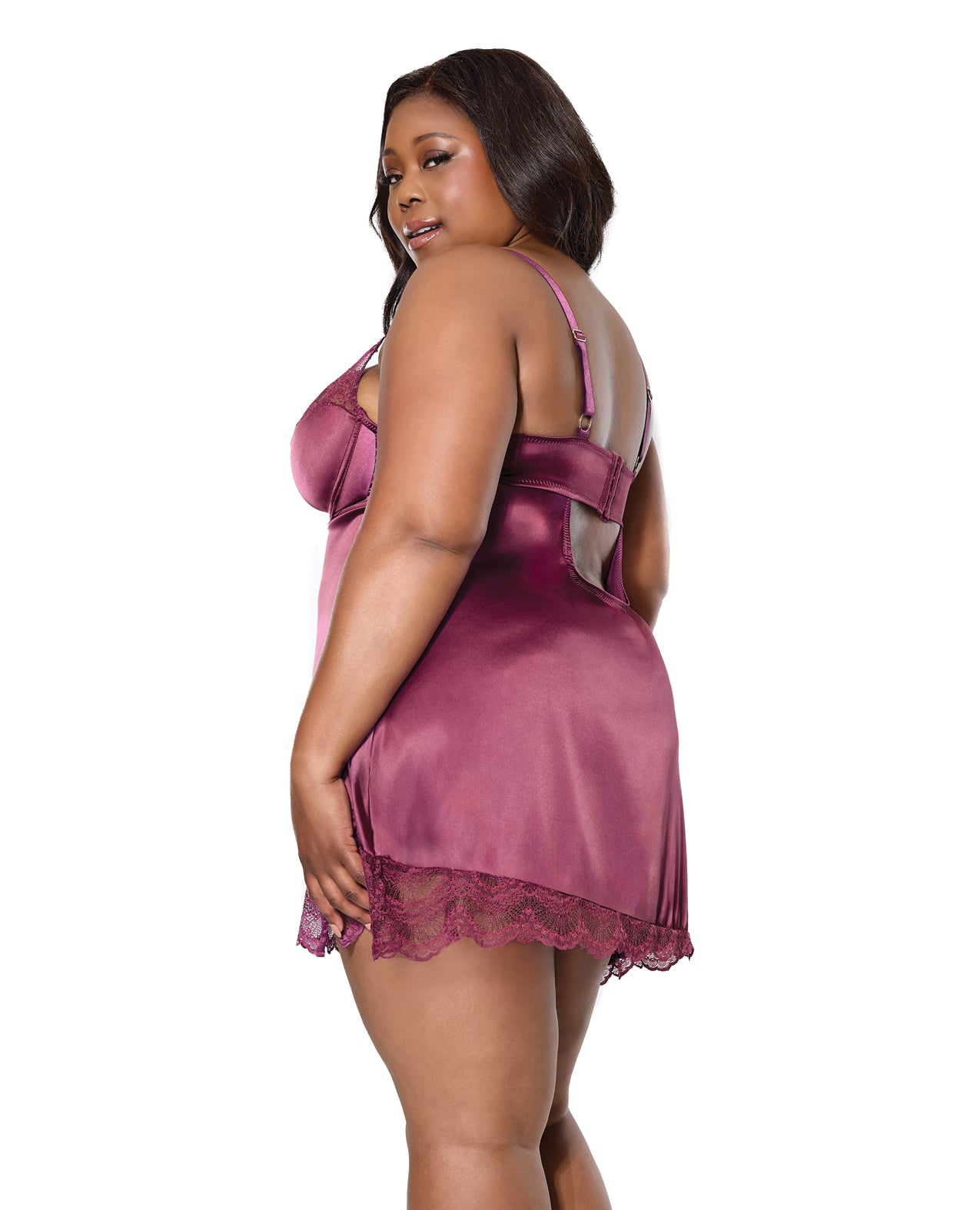 Scallop Lace Trimmed Stretch Satin Chemise w/Underwire Cups - Mauve Plum 1X/2X