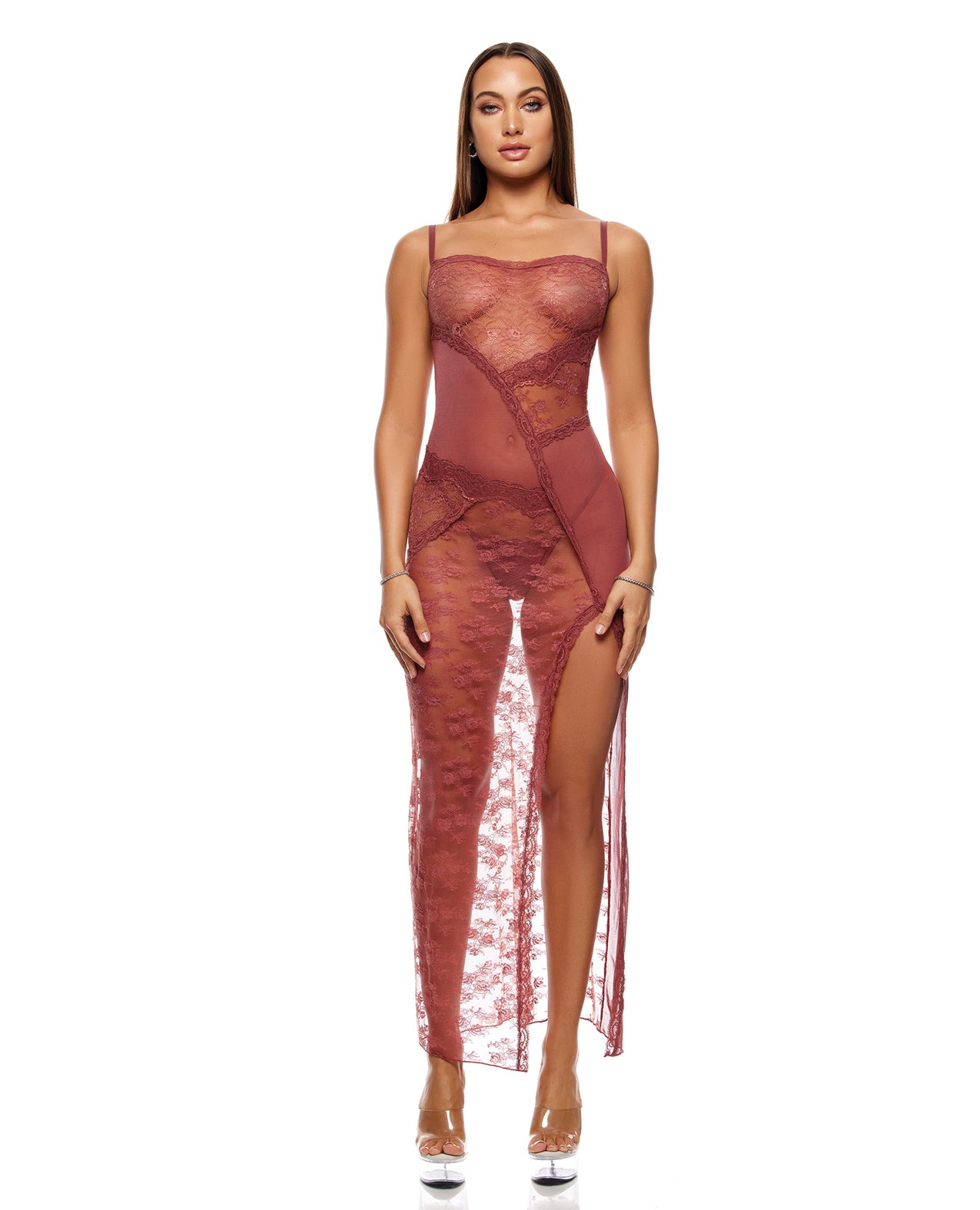 Patch of Petals Sheer Mesh and Lace Gown w/Thong 2 pc Set - Mauve LG