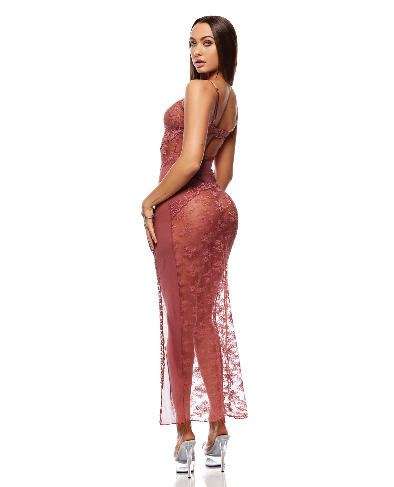 Patch of Petals Sheer Mesh and Lace Gown w/Thong 2 pc Set - Mauve SM