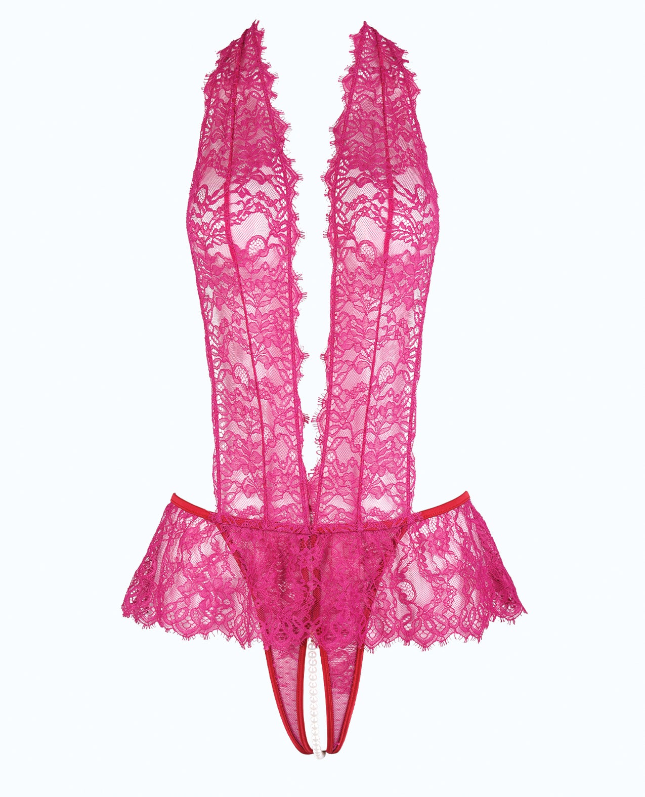 Jocelyn Lace Halter Teddy w/Open Crotch - Raspberry 3X/4X