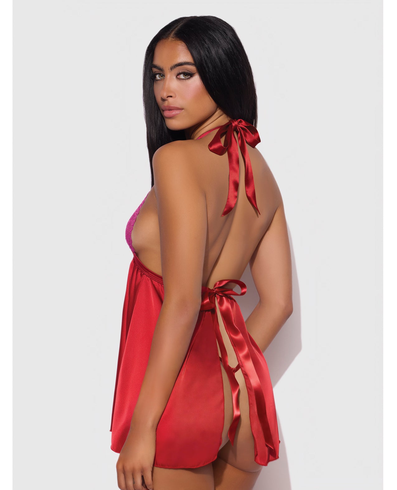 Jocelyn Lace & Satin Halter Mini Babydoll Dress w/Thong - Raspberry SM