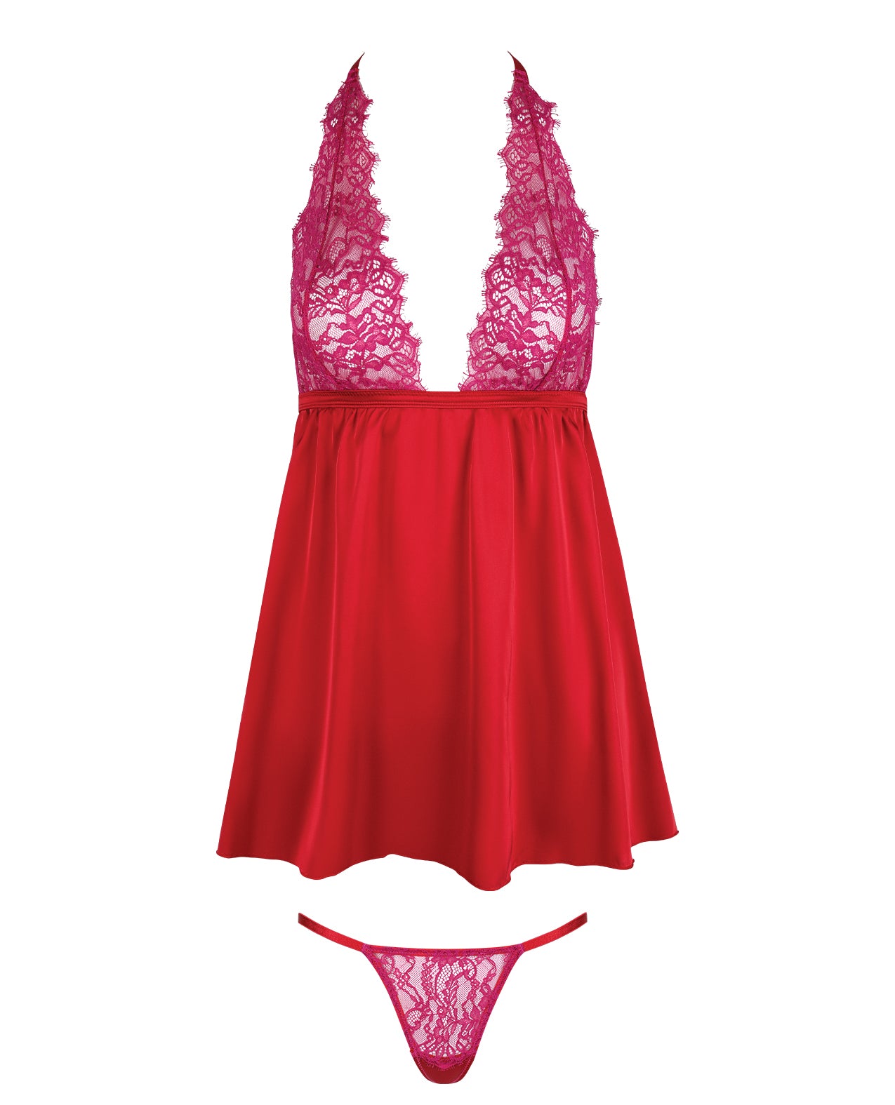 Jocelyn Lace & Satin Halter Mini Babydoll Dress w/Thong - Raspberry 1X/2X