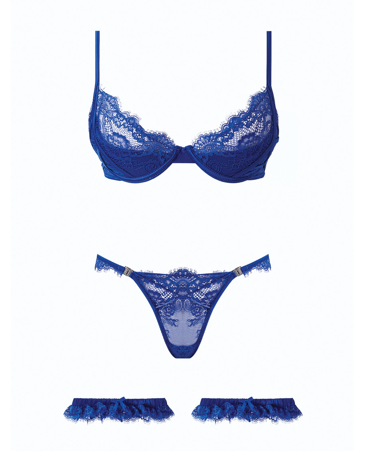 Madeline Lace & Mesh Bra, Garters, & Panty - Cobalt Blue MD