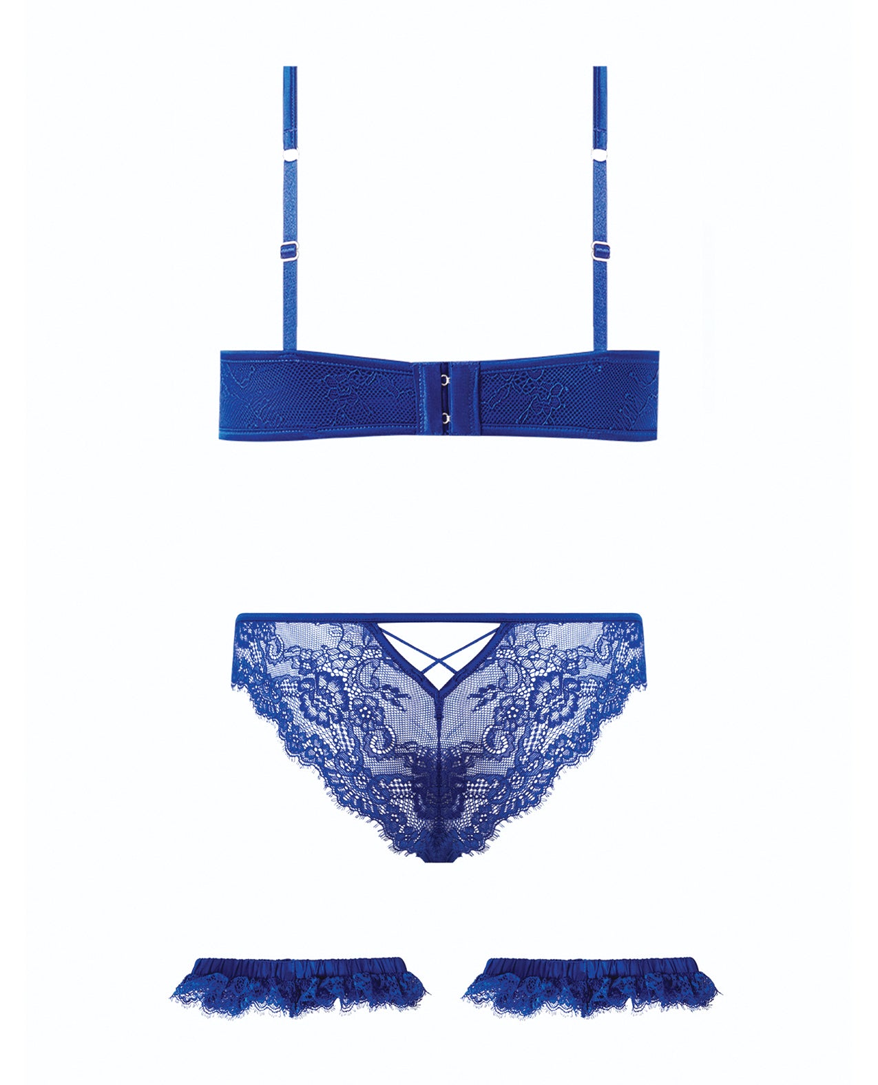 Madeline Lace & Mesh Bra, Garters, & Panty - Cobalt Blue XL