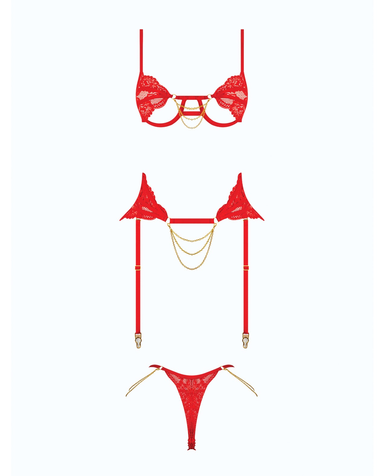 Cecily Lace Cut-Out Bra & Thong w/Garter Straps - Red 1X/2X