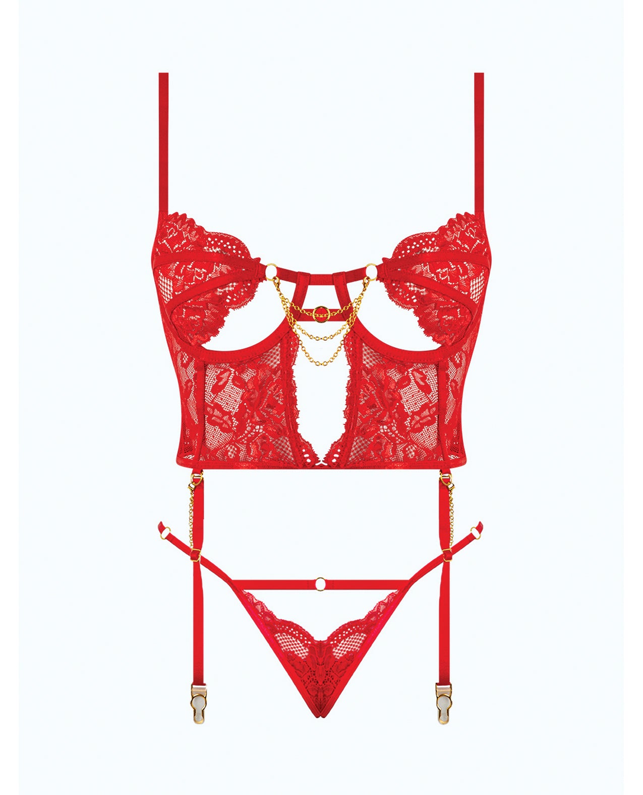Cecily Lace & Mesh Bustier w/Thong & Garter Straps - Red MD
