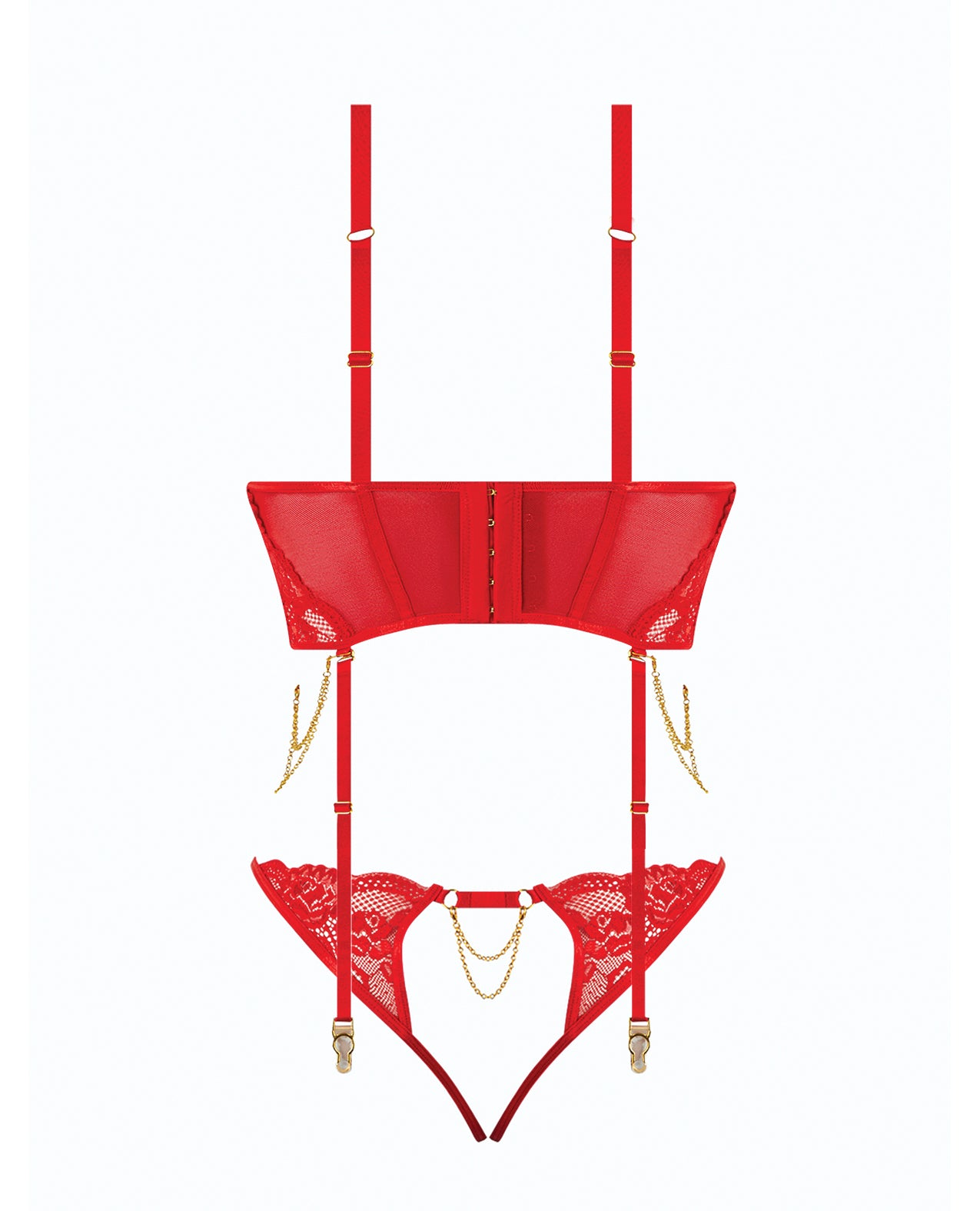 Cecily Lace & Mesh Bustier w/Thong & Garter Straps - Red 1X/2X