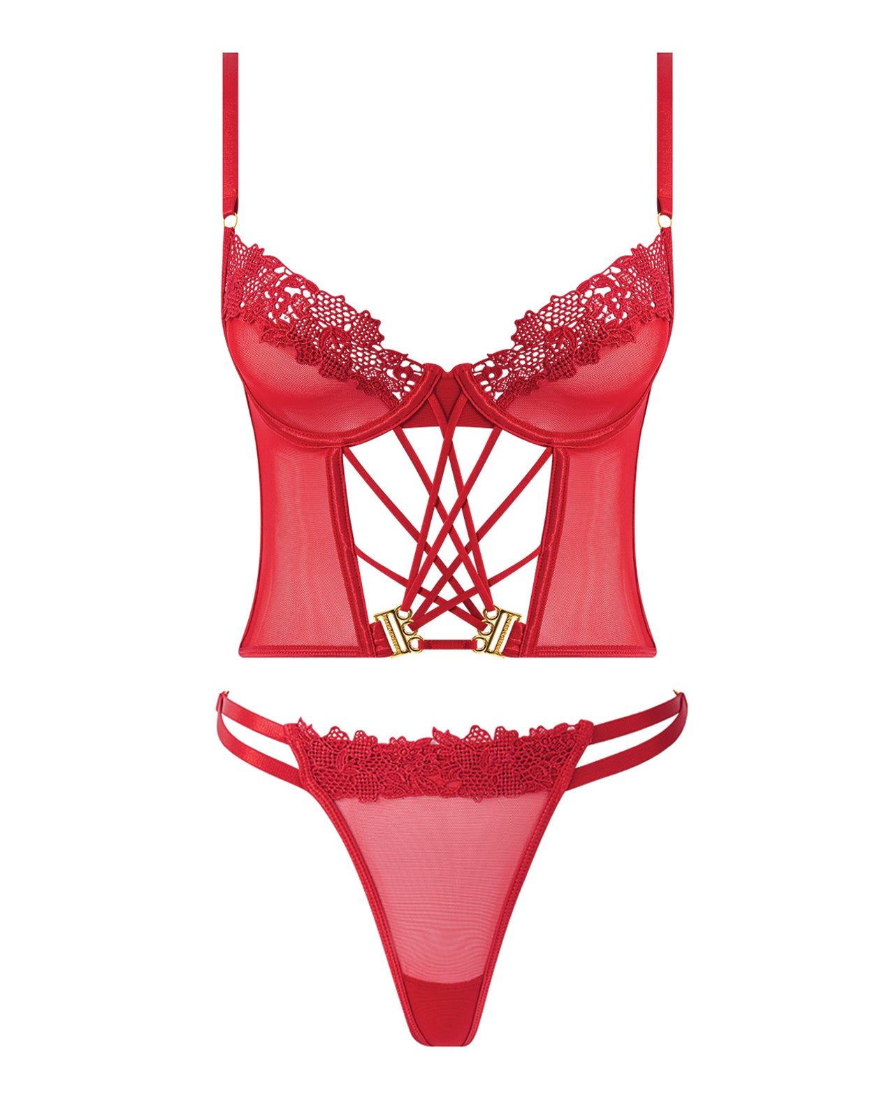 Ashley Alexiss Bustier w/Front Lace Up Ribbon Details & Matching High Cut Thong - Red XL