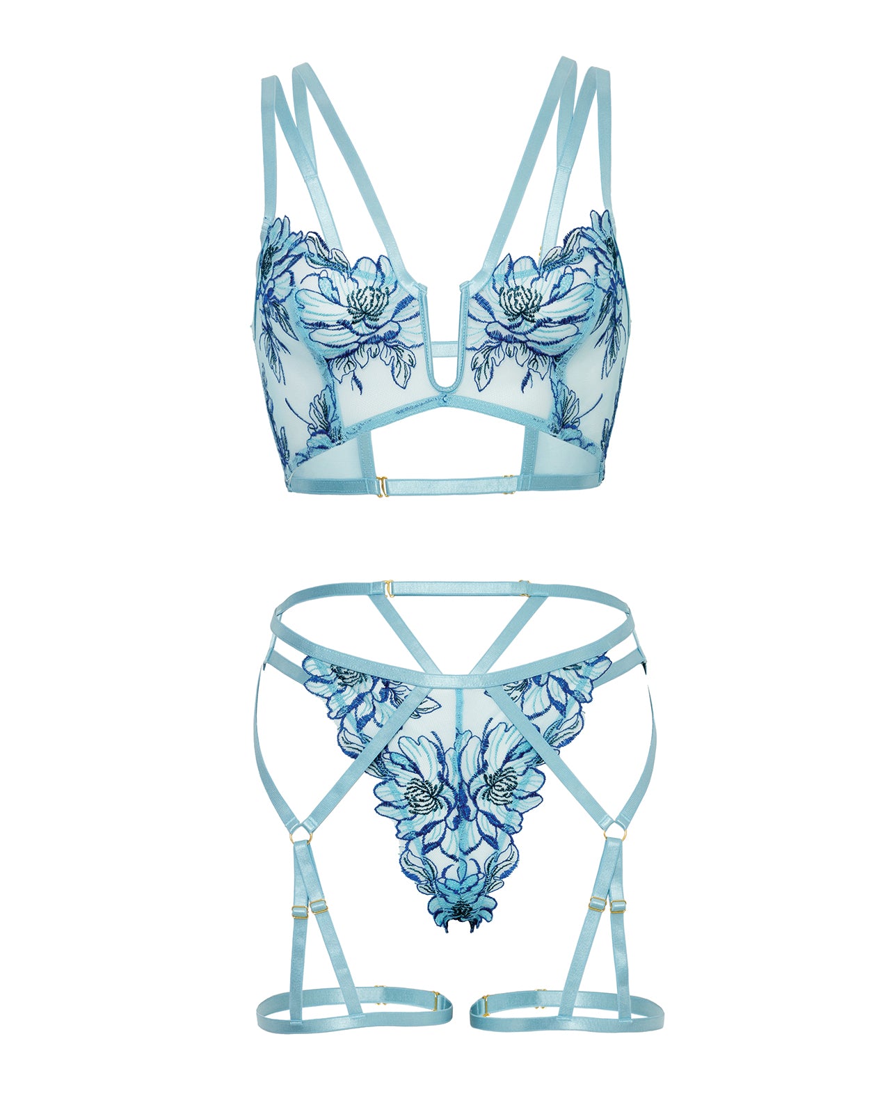 Emilia Floral Embroidered 2 pc Set w/Strapping Details & Attached Double Garter - Blue MD