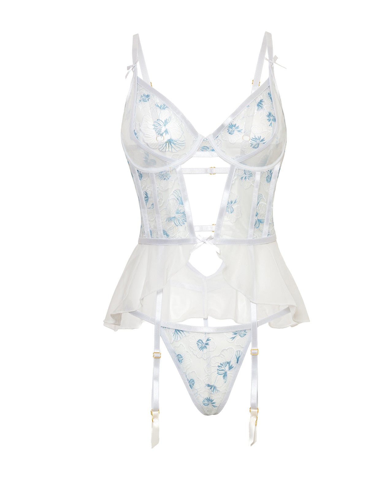 Elena Floral Embroidered Bustier w/Ruffles & Matching Panty - White XL
