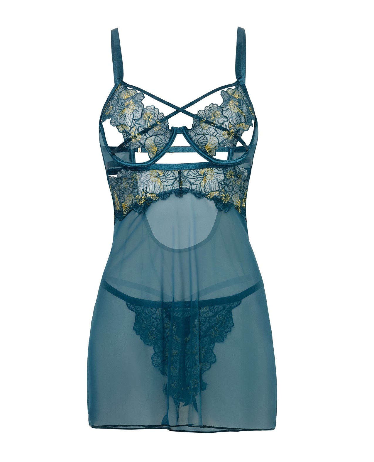 Daphne Lace & Mesh Babydoll w/Embroidered Details & Crossing Elastics - Blue XL