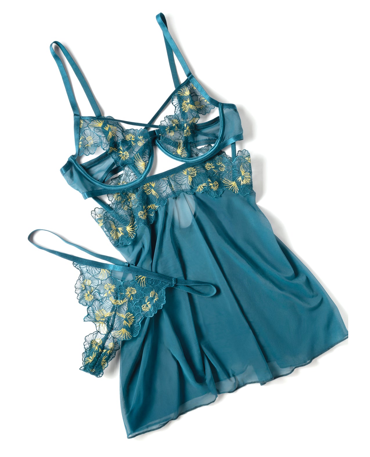 Daphne Lace & Mesh Babydoll w/Embroidered Details & Crossing Elastics - Blue XL