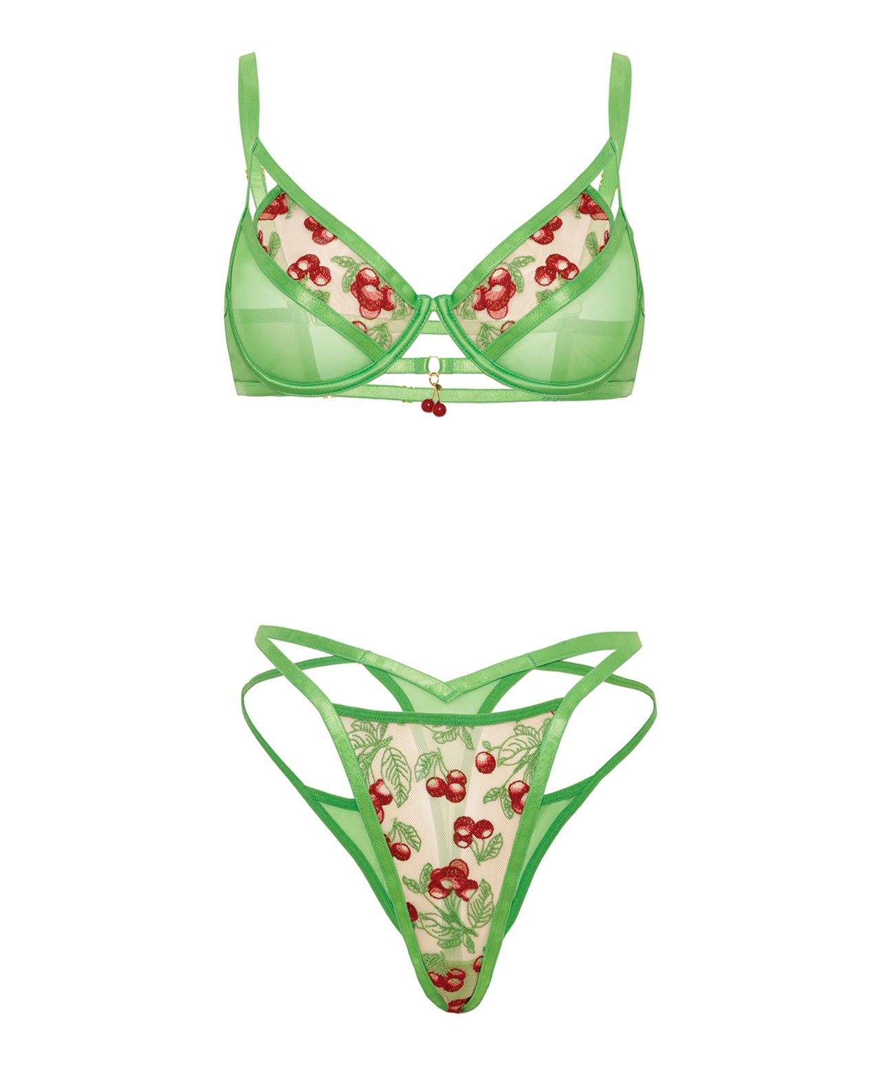 Cheri Underwire Embroidered 2 pc Set w/Cherry Charm Details - Neon Green LG