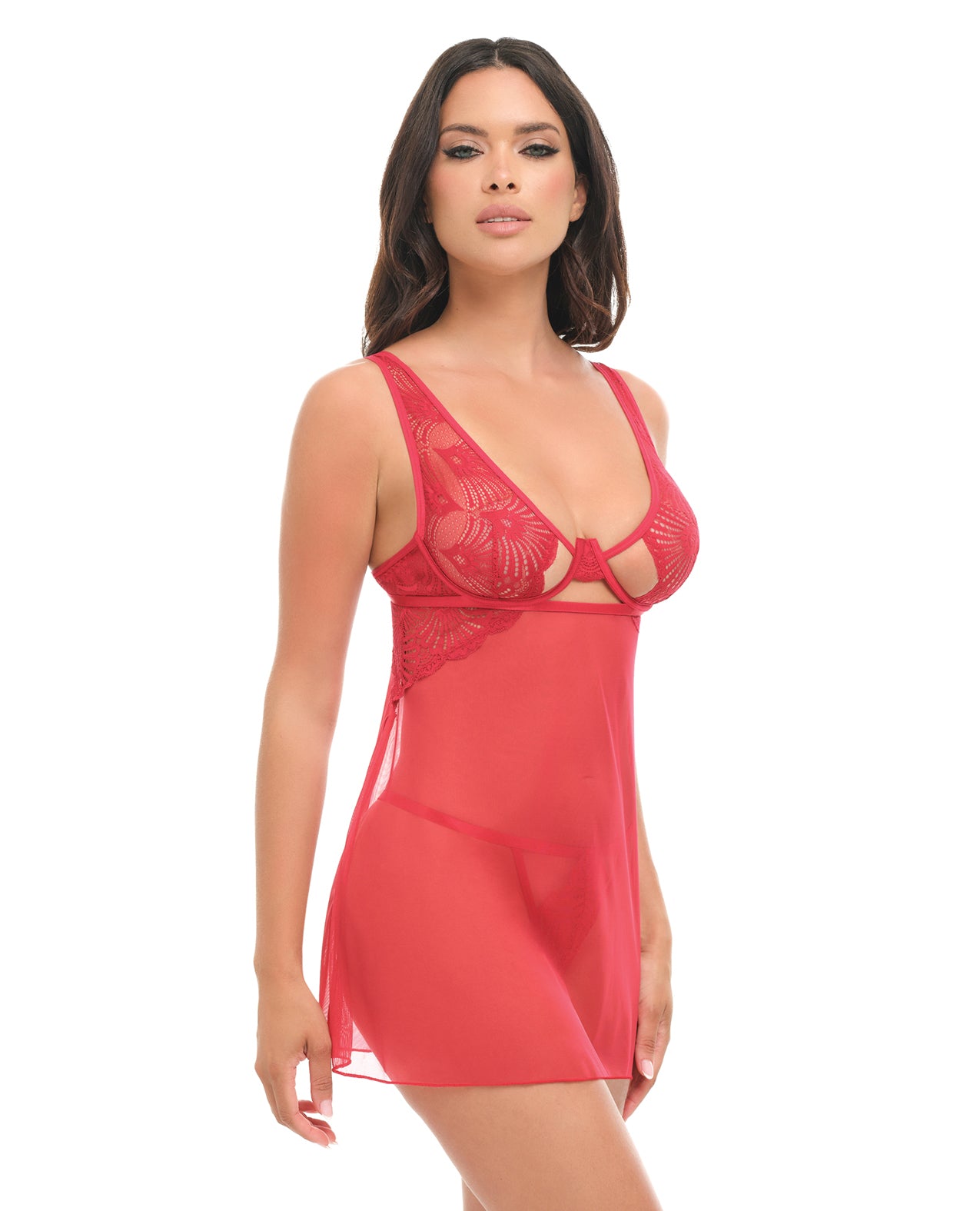 Tiana Lace Babydoll w/Side Slits & Strap Details - Red L/XL