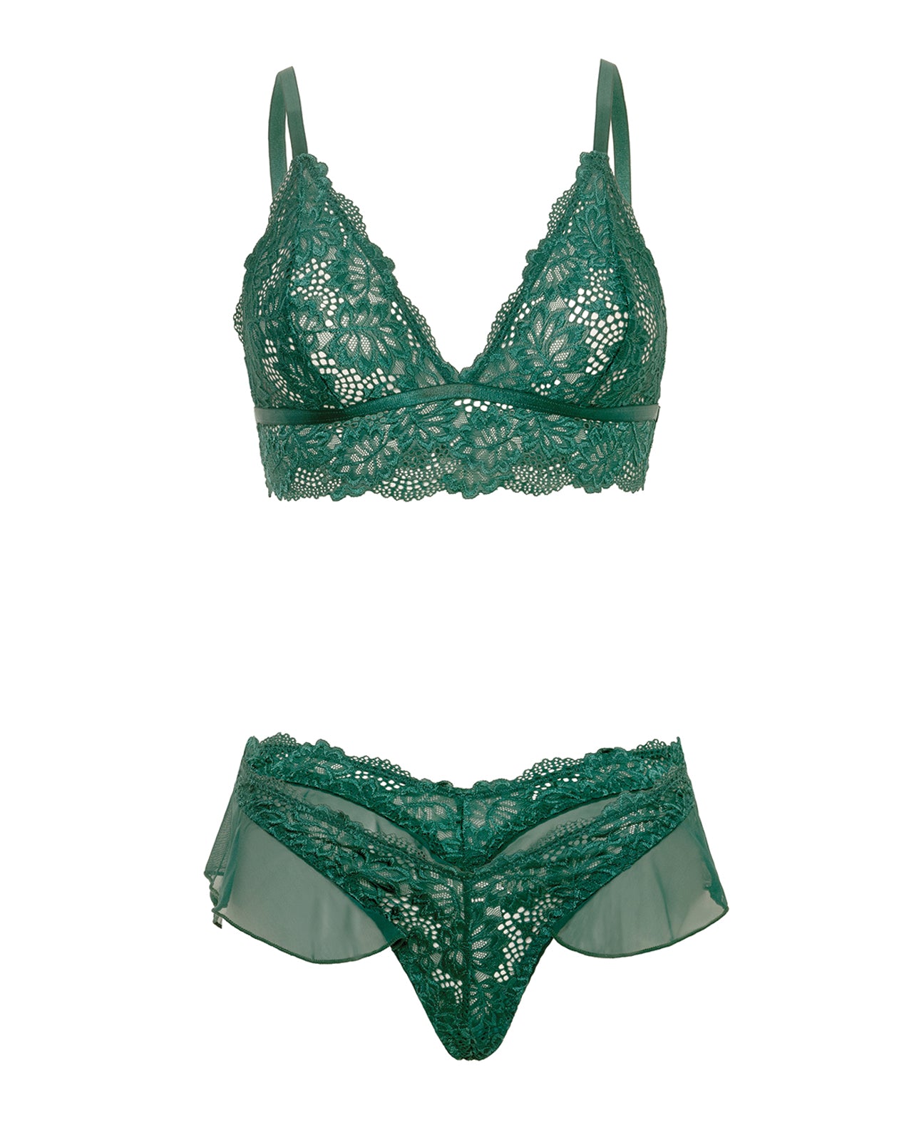 Alessia Soft Cup Lace & Mesh 2 pc Set w/Ruffle Details - Green XL