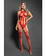 Sheer Stripped Down Mesh Body Stocking - Red O/S