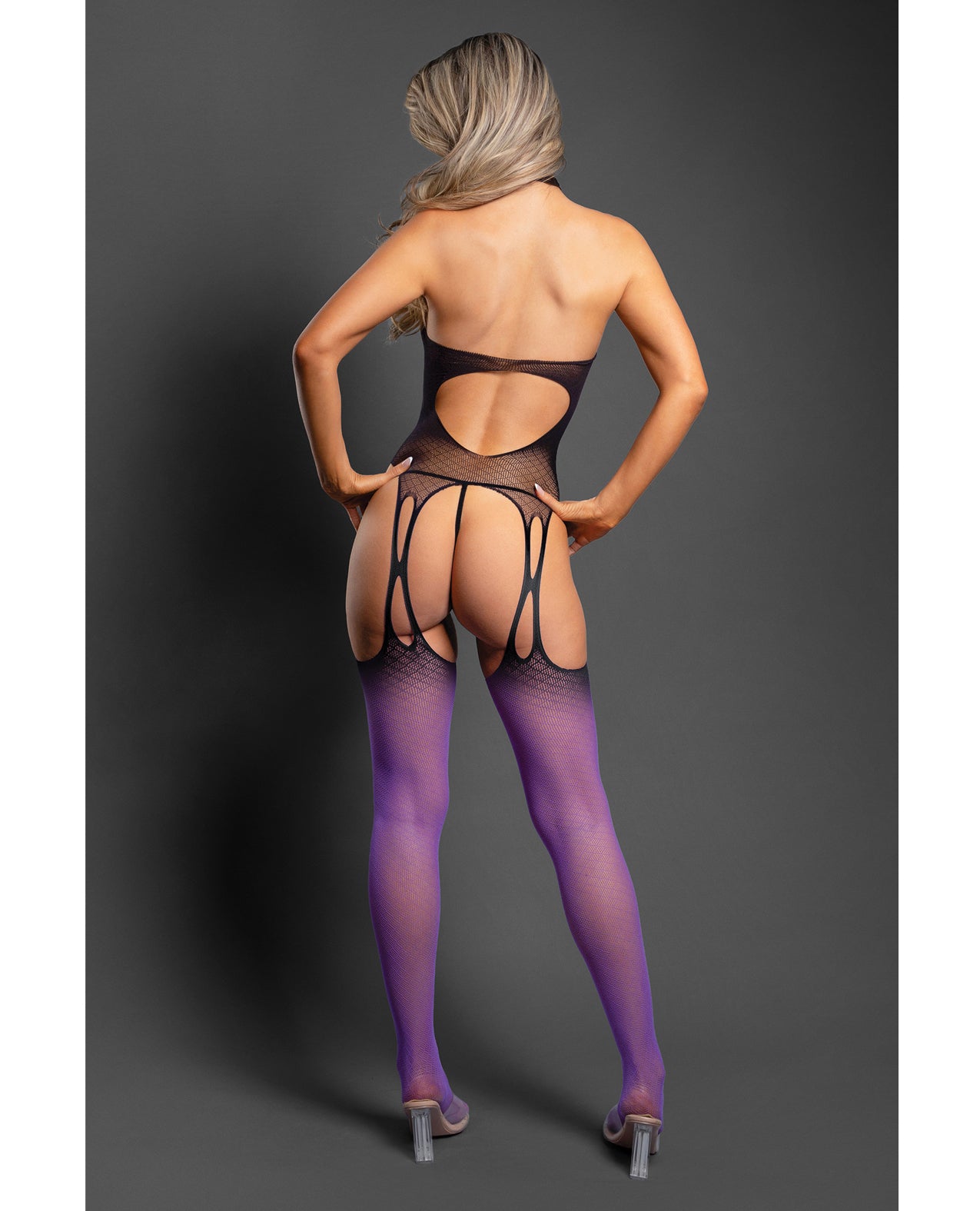Sheer No Comparison Body Stocking w/G-String 2 pc Set - Black/Purple O/S