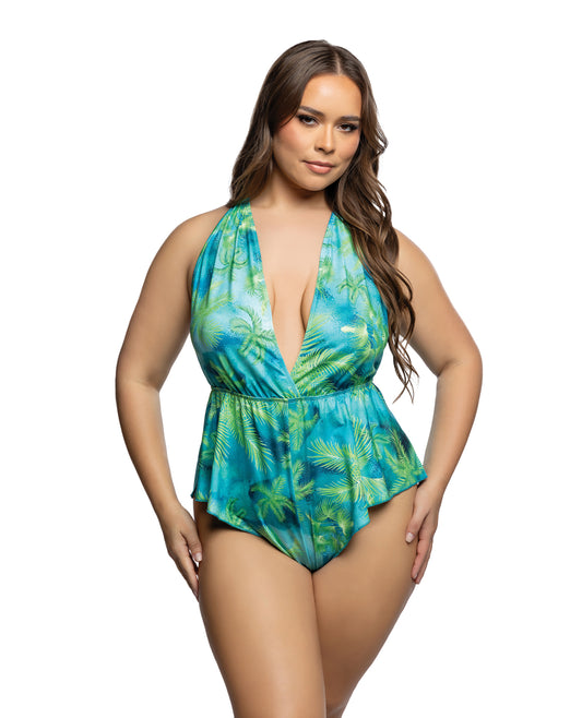 Tropical Dream Romper w/Jungle Print, Flared Leg Opening, & Cheeky Back - Green/Blue 1X/2X