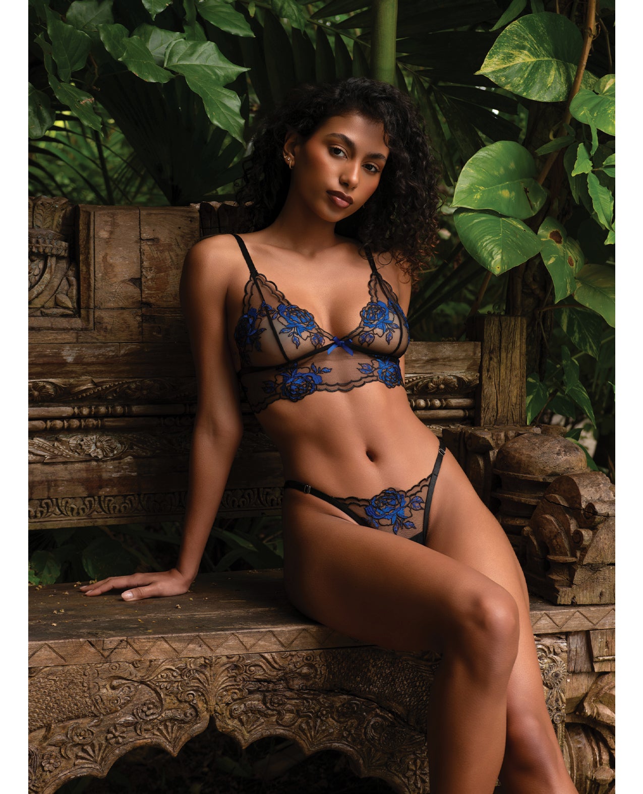 After Midnight Lace Embroidered Metallic Peony Bralette & Thong 2 pc Set - Black/Blue SM