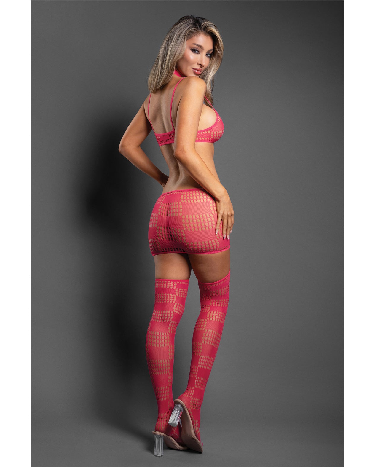 Sheer Unmatched Body Stocking 2 pc Set - Hot Pink O/S