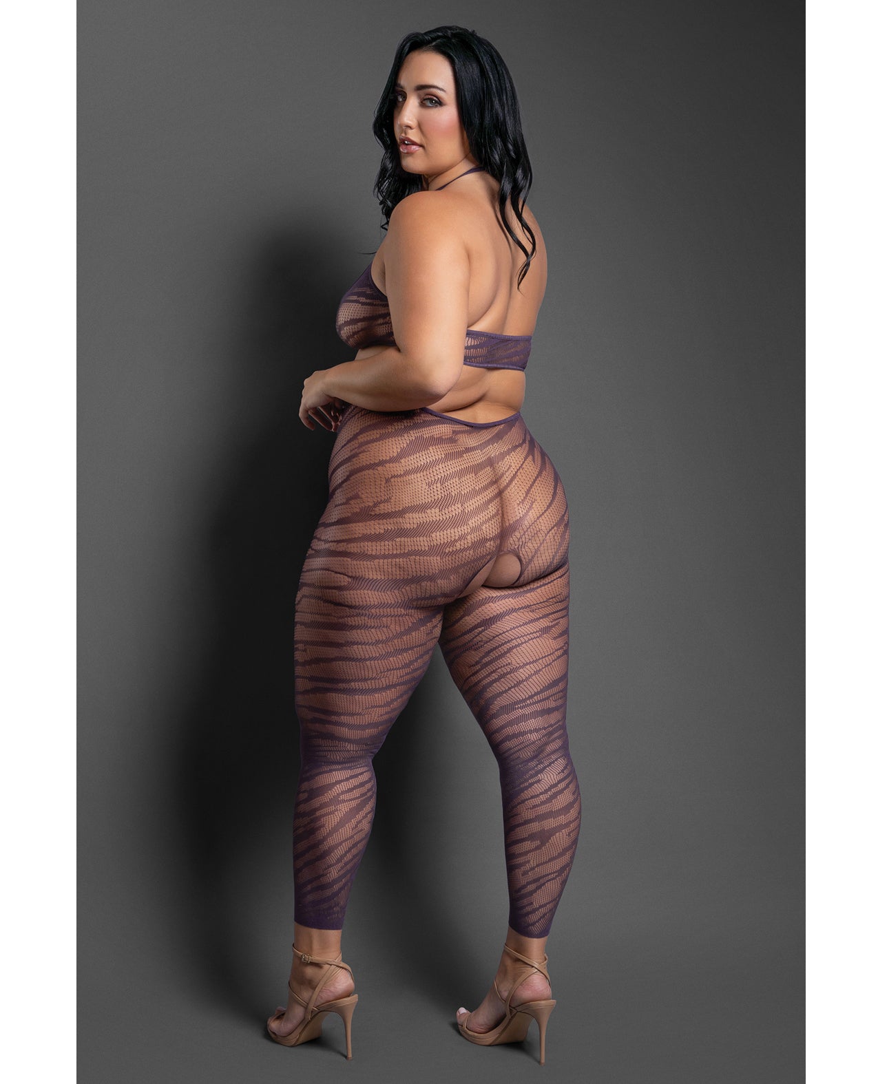 Sheer Set Me Free Mesh Body Stocking w/Zebra Pattern & Open Crotch - Purple QN