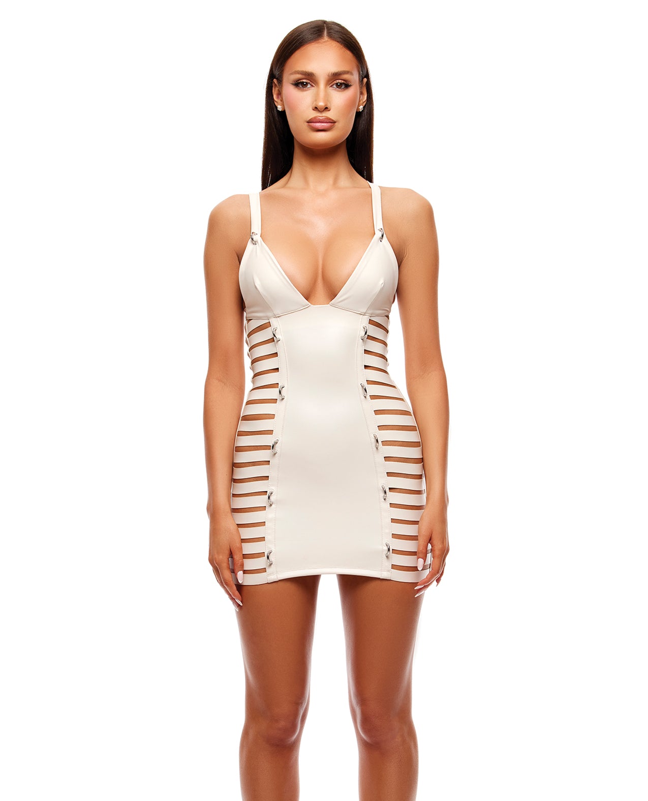 Strap Tease Strappy Vinyl Mini Dress - Cream LG