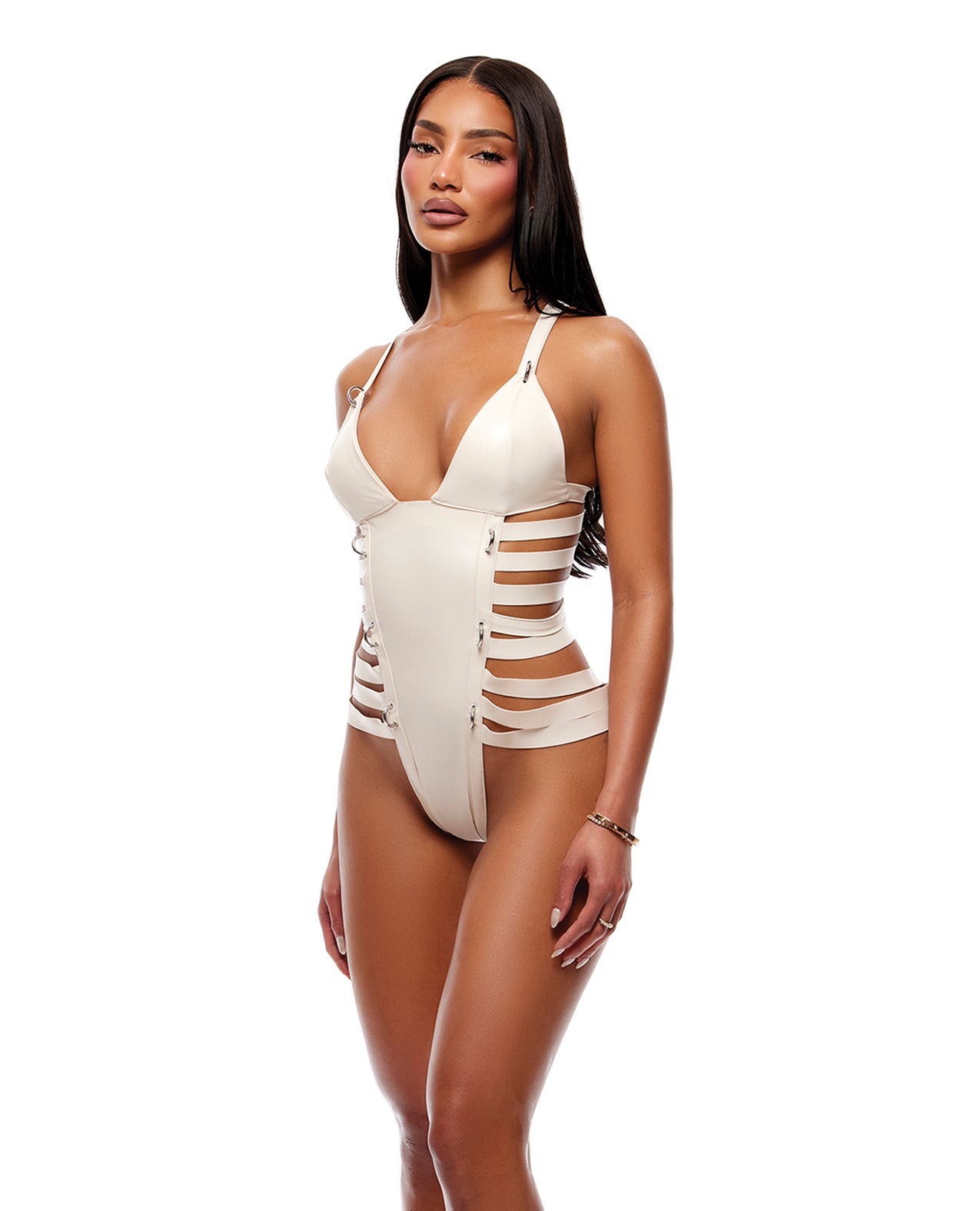 Strap Tease Strappy Matte Vinyl Teddy - Cream XL