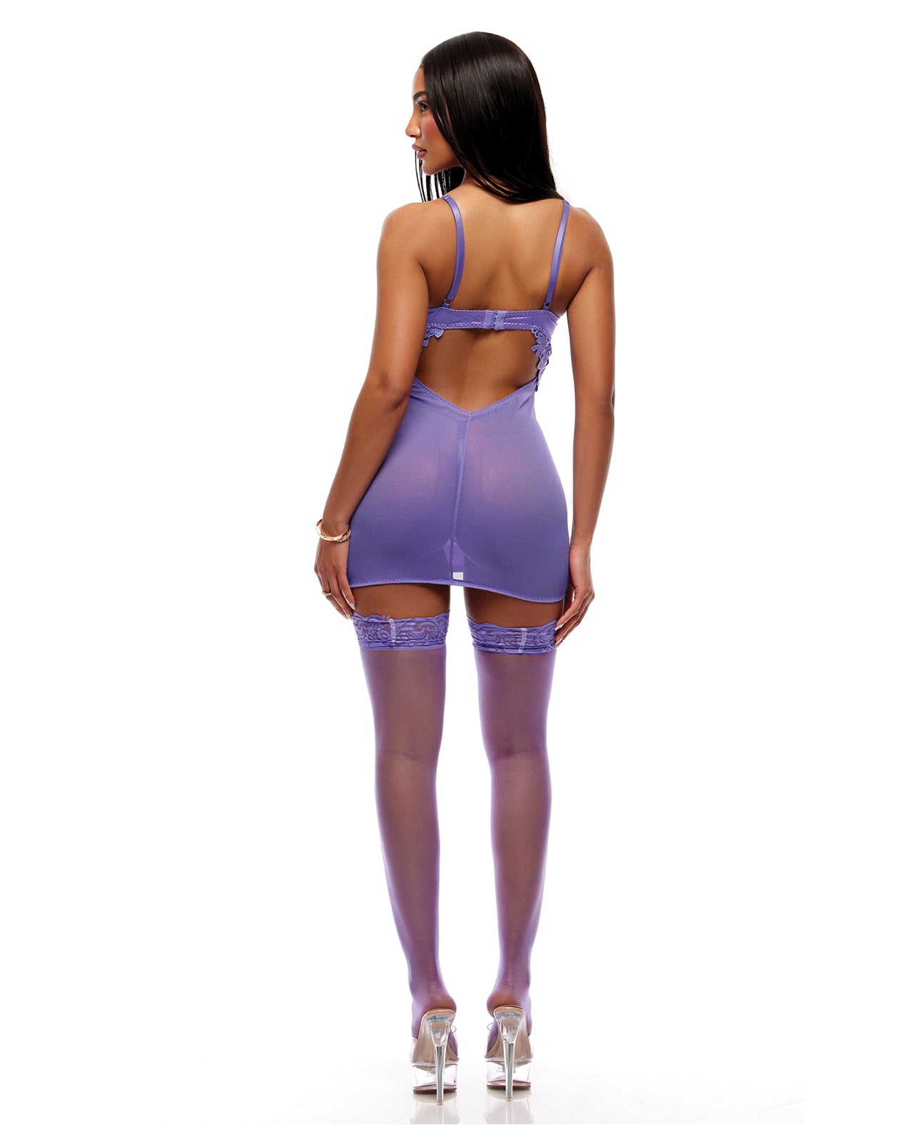 See It Through Guipure Lace Chemise w/Thong & Stockings - Purple XL
