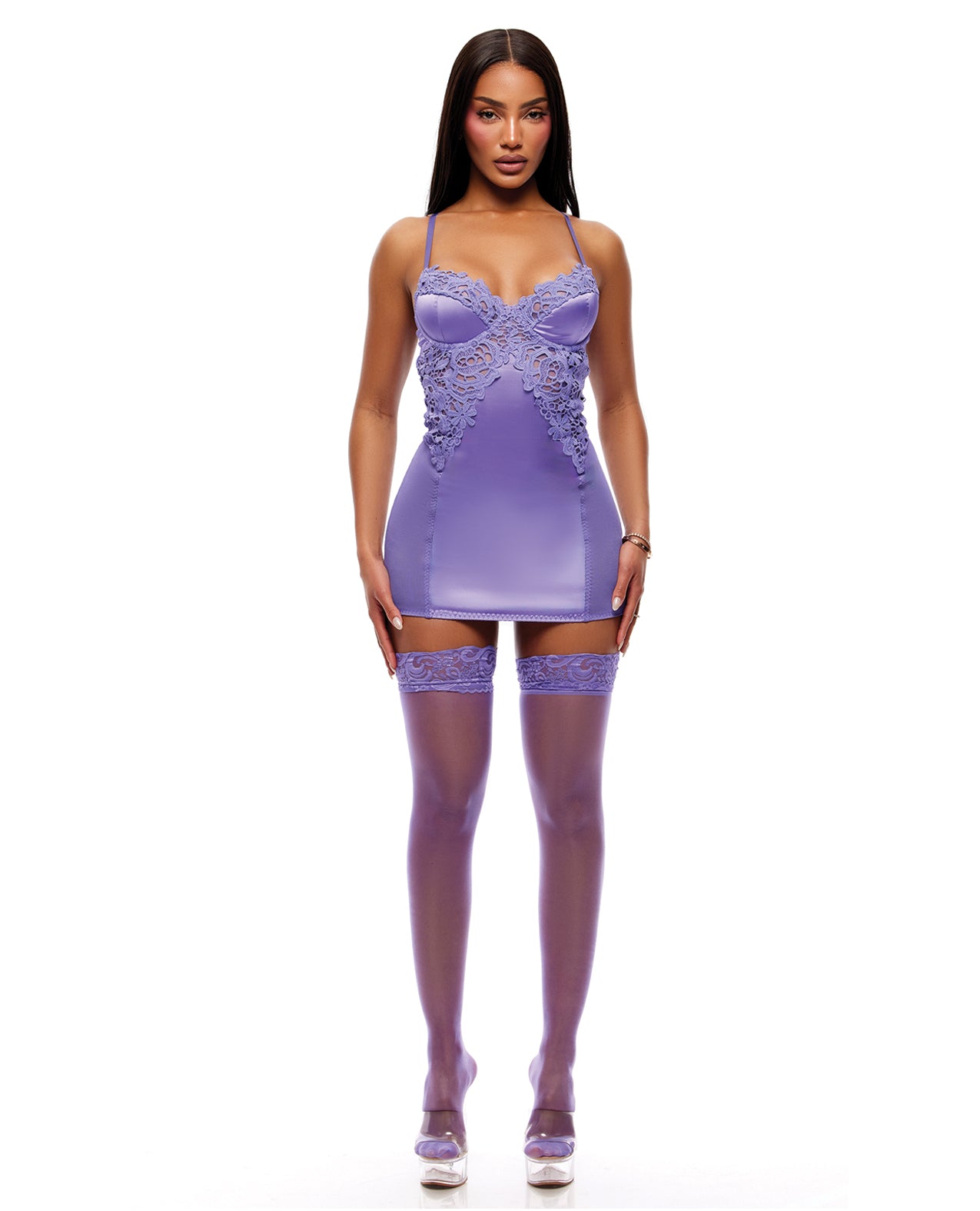 See It Through Guipure Lace Chemise w/Thong & Stockings - Purple SM